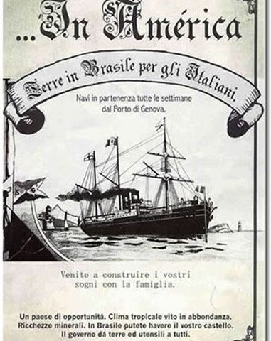 Pôster vintage em italiano promovendo a imigração de italianos para o Brasil, com a imagem de um navio de carga e texto sobre oportunidades na América.